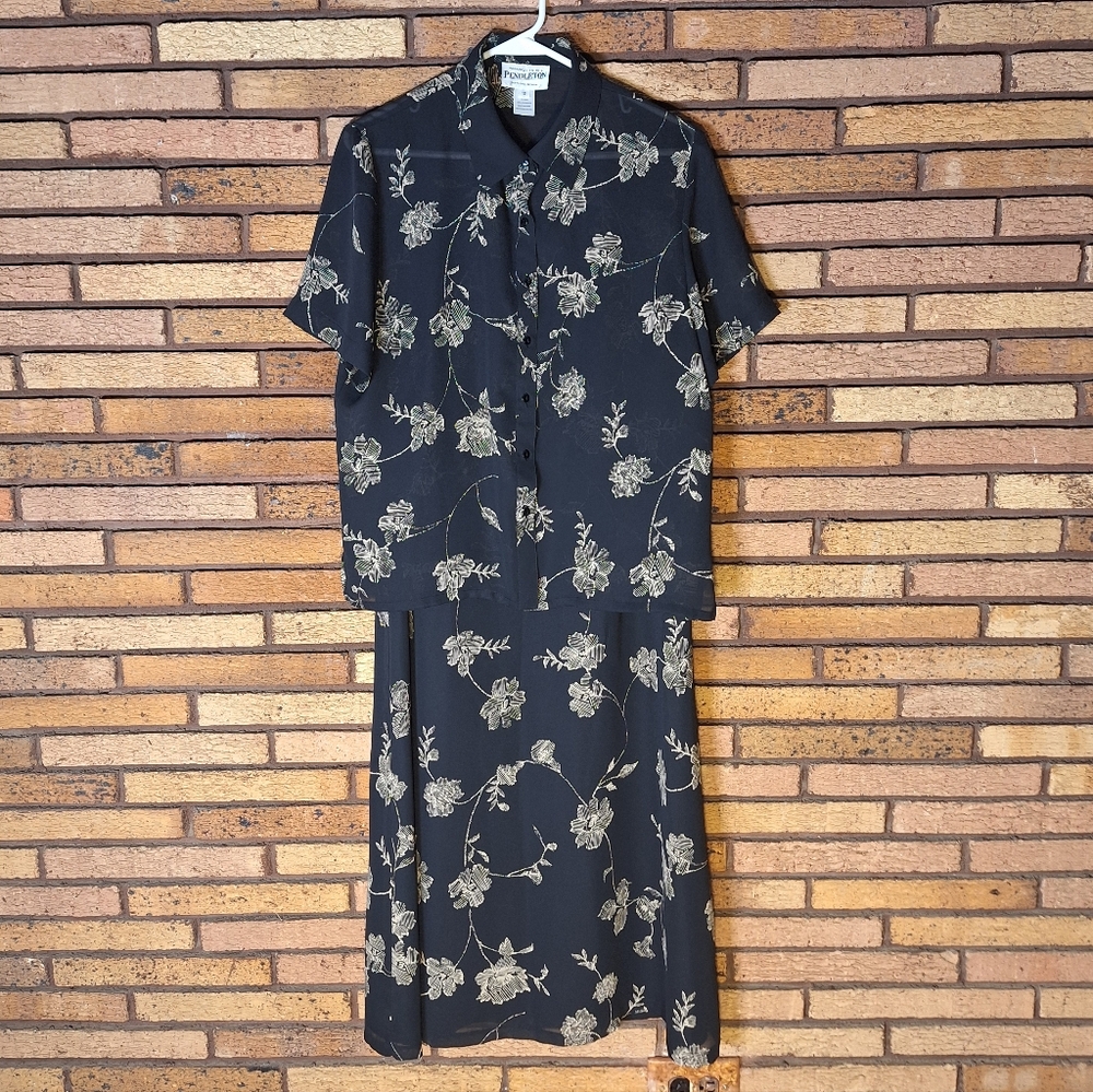 Pendleton Size 12 Black And Tan Floral Midi Skirt Set